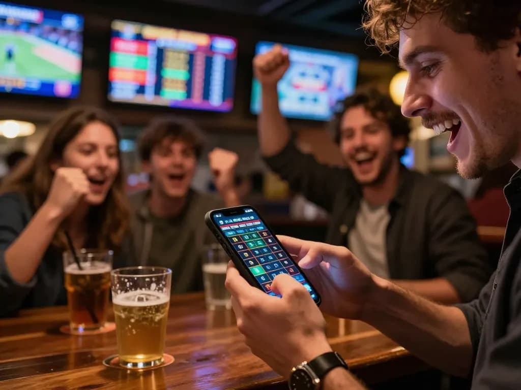 Excitedly placing bets on smartphone while enjoying a vibrant sports bar experience at link vào LUCKYWIN.