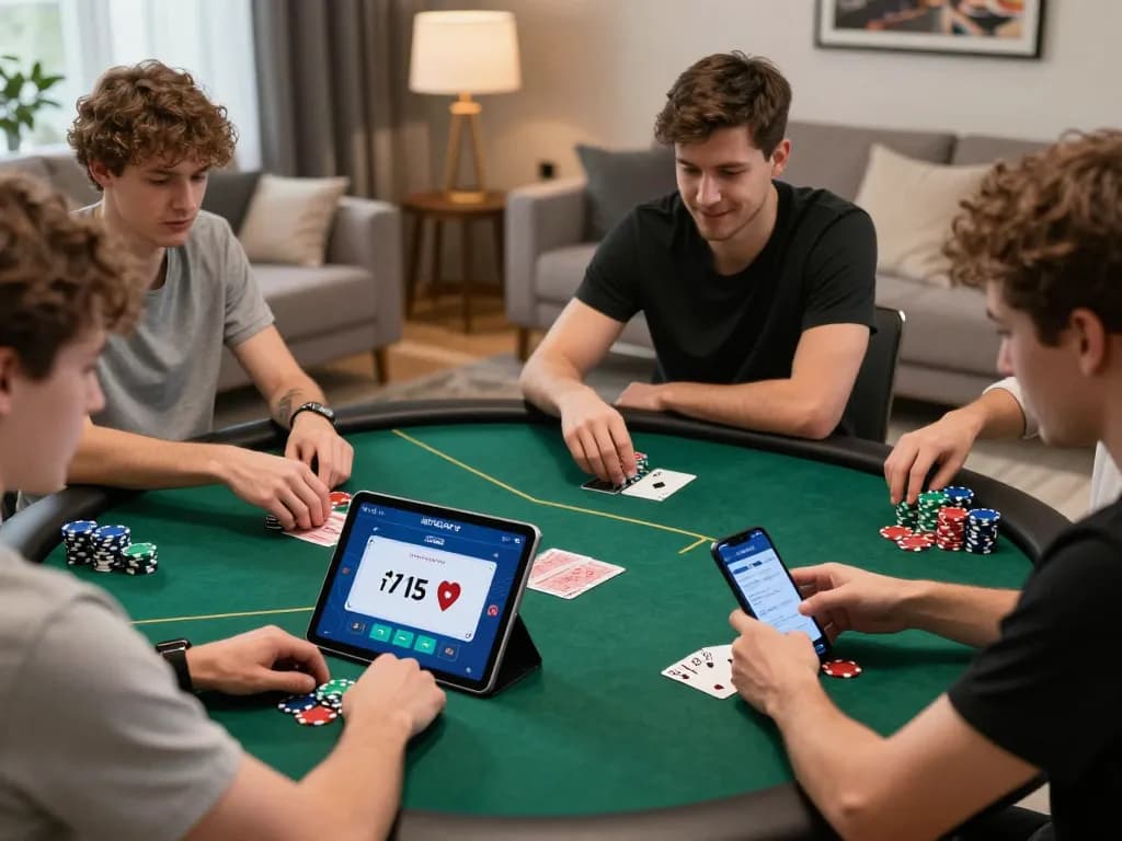 Exciting online poker action on digitalgamesprices.com/xboxone.html with players using MPOSPORT app in a cozy living room.