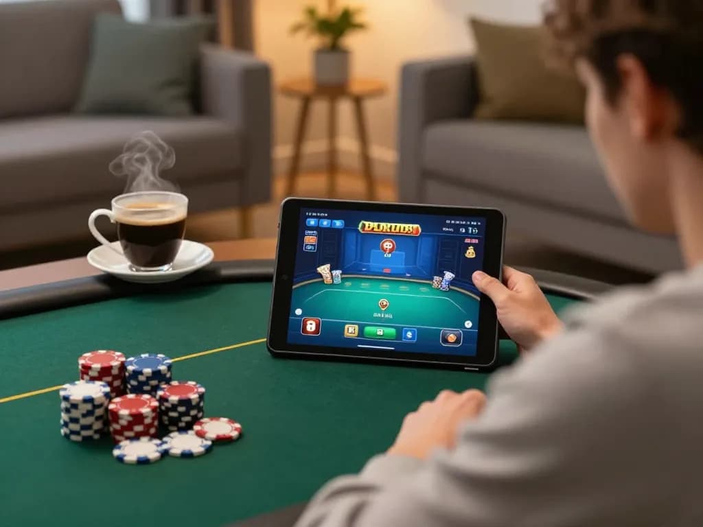Engaged player enjoying online poker gameplay on open88 com tablet in cozy home setting.