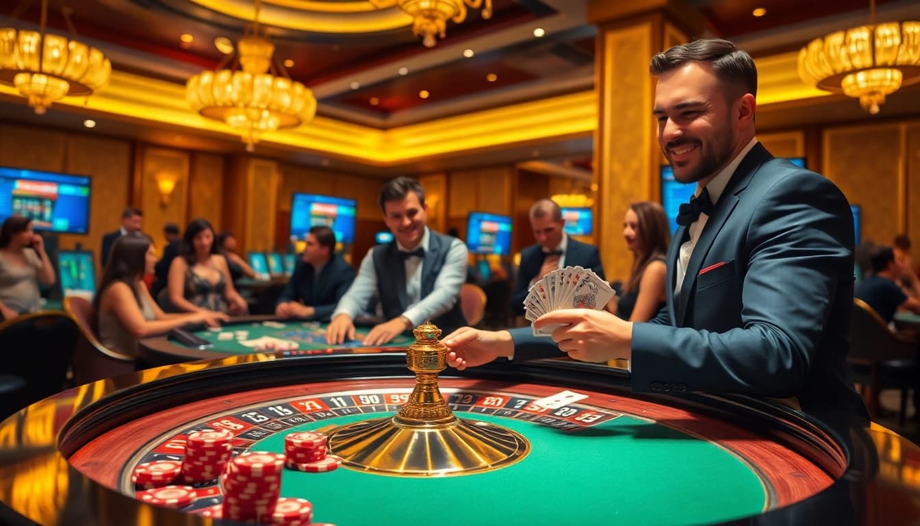 Betting on sbobet link alternatif at a luxurious casino with engaging players and vivid colors.