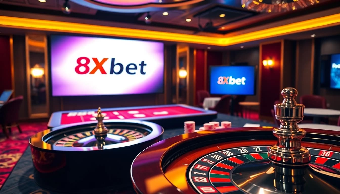 Exciting gaming at 8Xbet casino table with poker chips and roulette wheel.