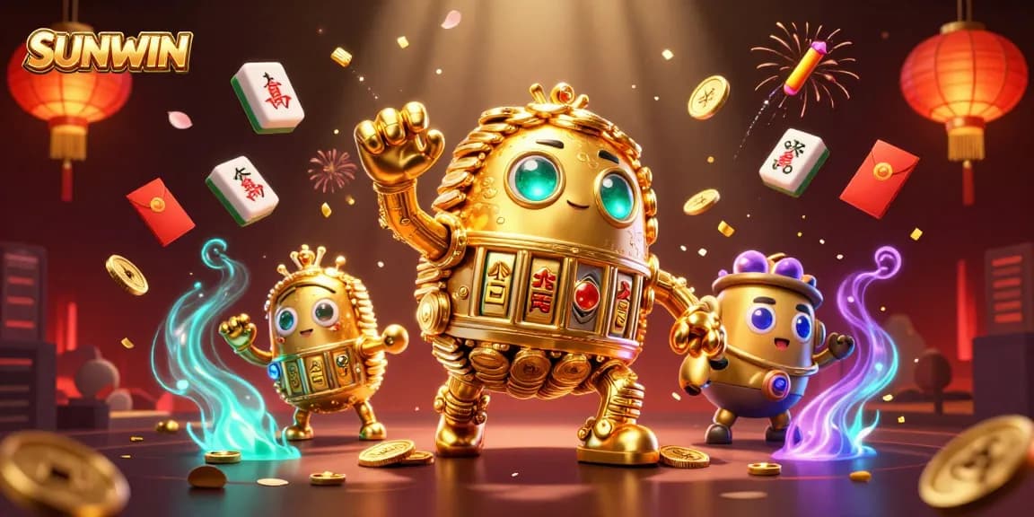 SUNWIN engages players with a vibrant 3D casino illustration showcasing a golden golem among dazzling game elements.