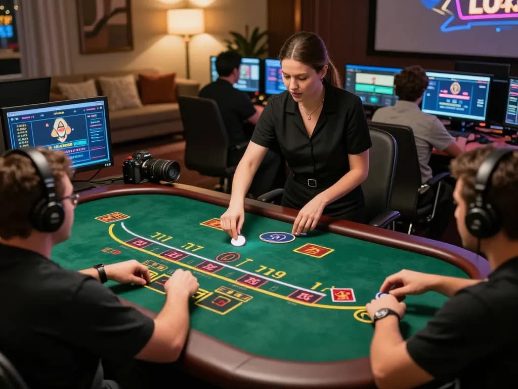 Players engaging in a live dealer blackjack game at Luck8 casino with warm lighting.
