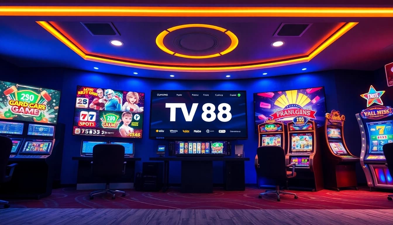 Engaging TV88 online gaming interface with secure transaction symbols and vibrant game displays.