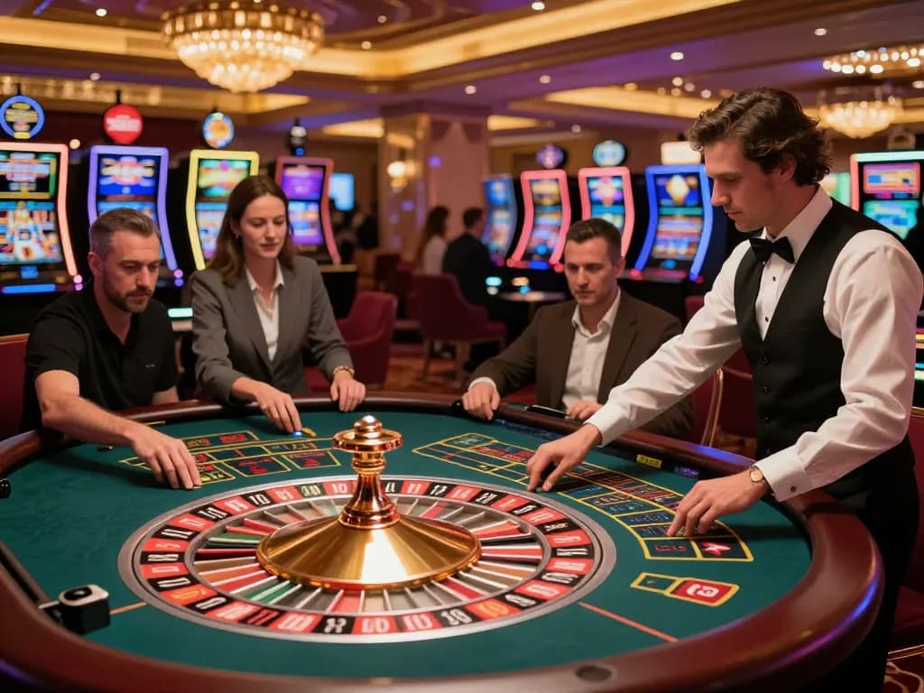 Experience the excitement of live gaming at trang chủ ok365 with players at roulette table.