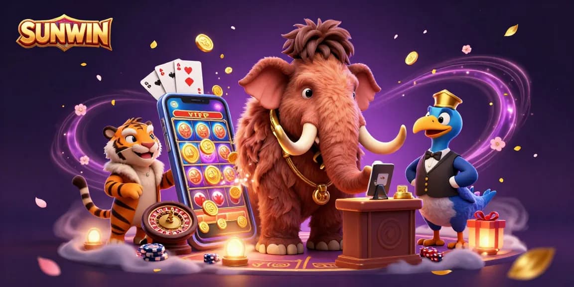 SUNWIN casino bouncer checks IDs as a saber-tooth tiger VIP and dodo doorman welcome players amidst colorful gaming elements.