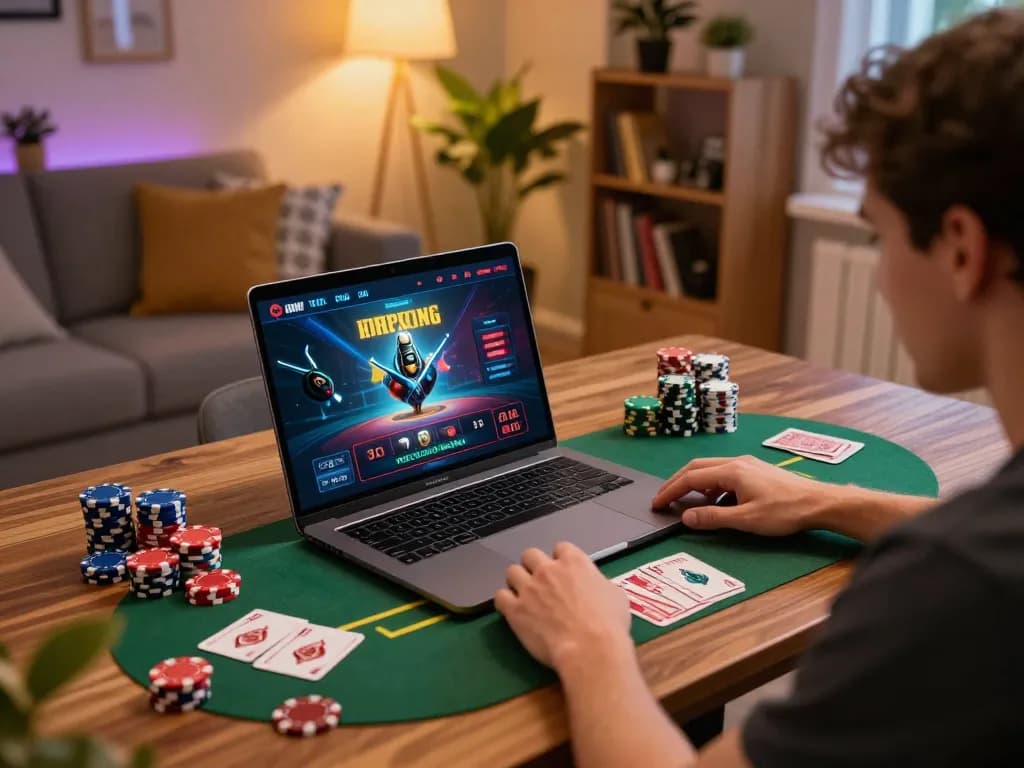 Engaged player exploring online gambling at https://goal123.ac/ in a cozy home setting.