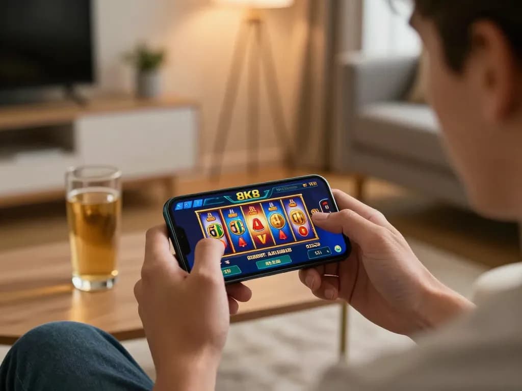 Experience the thrill of playing slots on 8K8 in a cozy home setting.