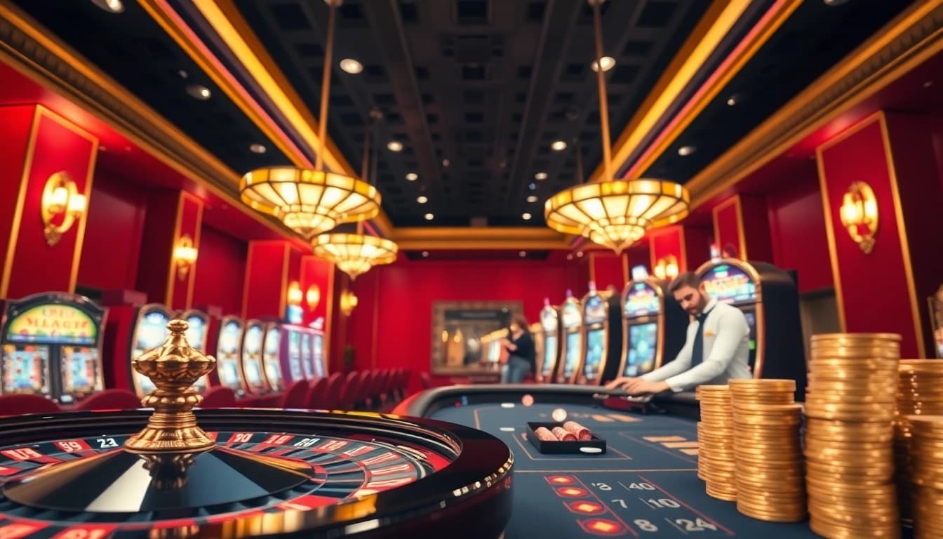 Experience the thrill of bet88 with a vibrant casino scene showcasing games like blackjack and roulette.