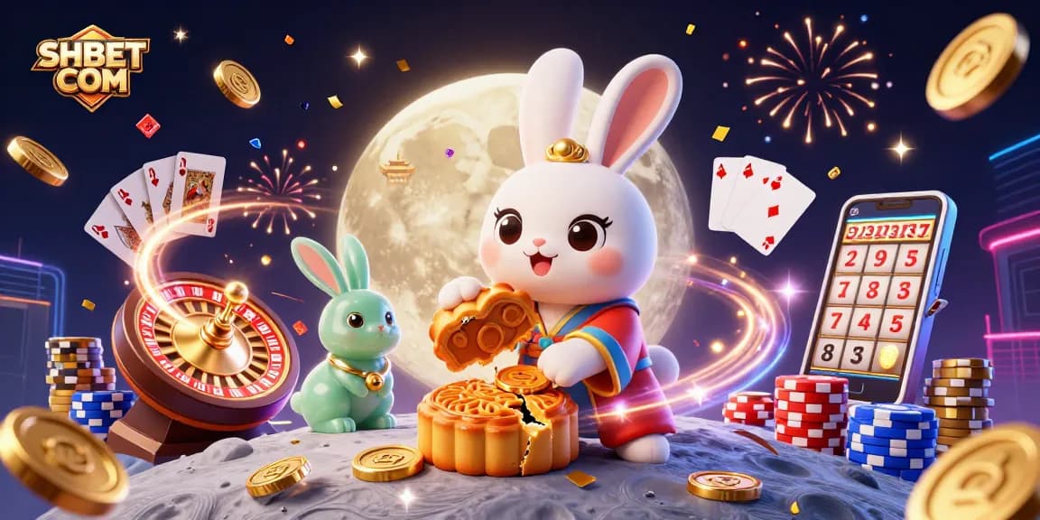 Join the excitement with SHBET COM as the moon rabbit spins poker chips among golden coins in a lively online casino setting.