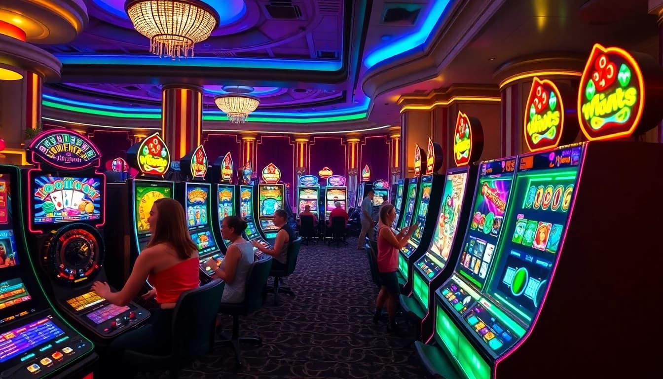 Players enjoying energetic slots777 games at a luxurious casino.