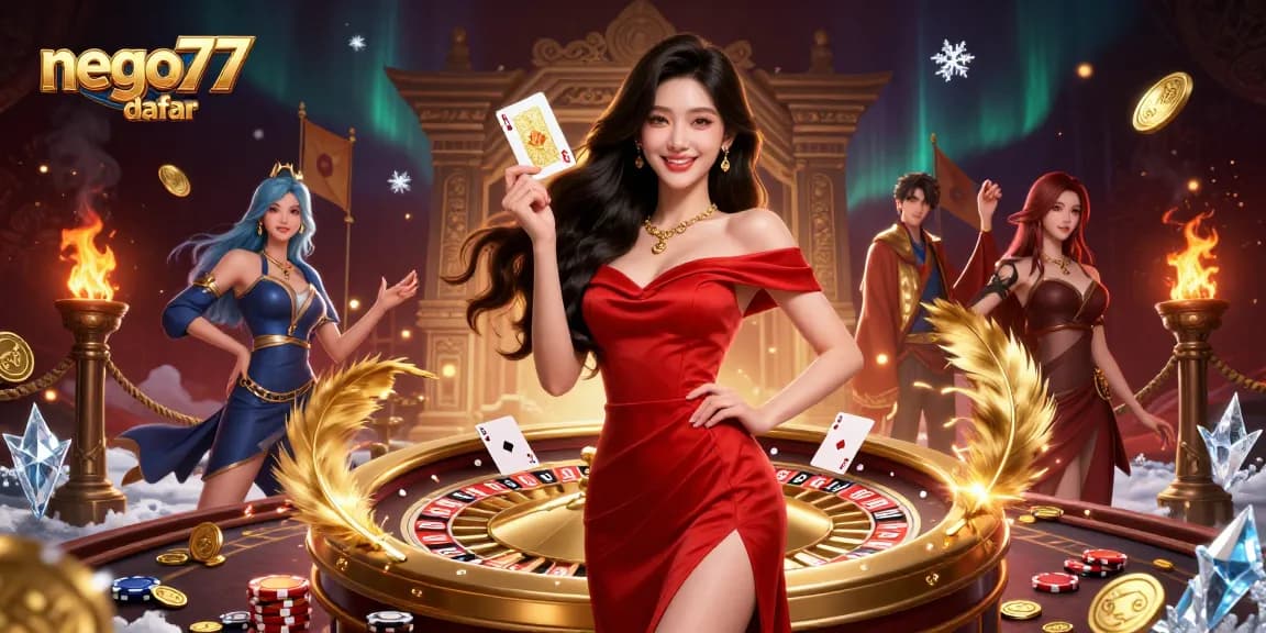 Experience the thrill with nego77 daftar, featuring a confident woman and an elegant roulette scene.