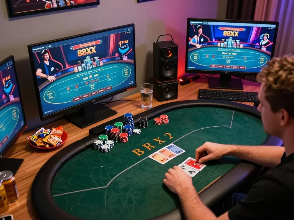 Engaging moment of a player enjoying online poker at 88xx, modern setup with casino interface.