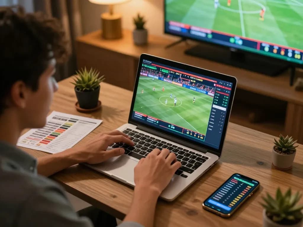 Engaged bettor using 388bet on a laptop, showcasing thrilling sports betting experience.