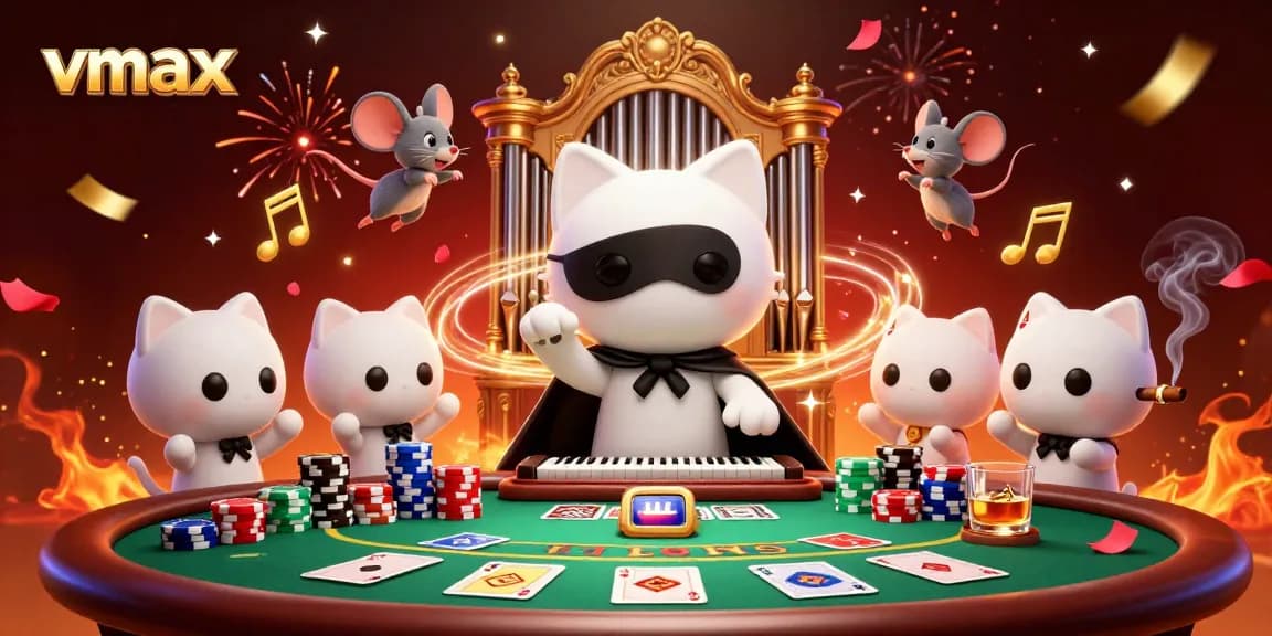 Experience vibrant gameplay at vmax with a captivating casino scene including a white cat at a pipe organ.