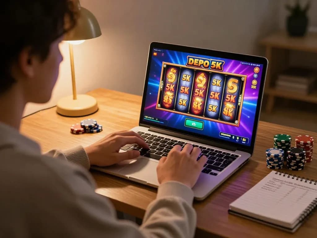 Engaging in exciting slot depo 5k action on laptop amidst colorful graphics and cozy gaming setup.
