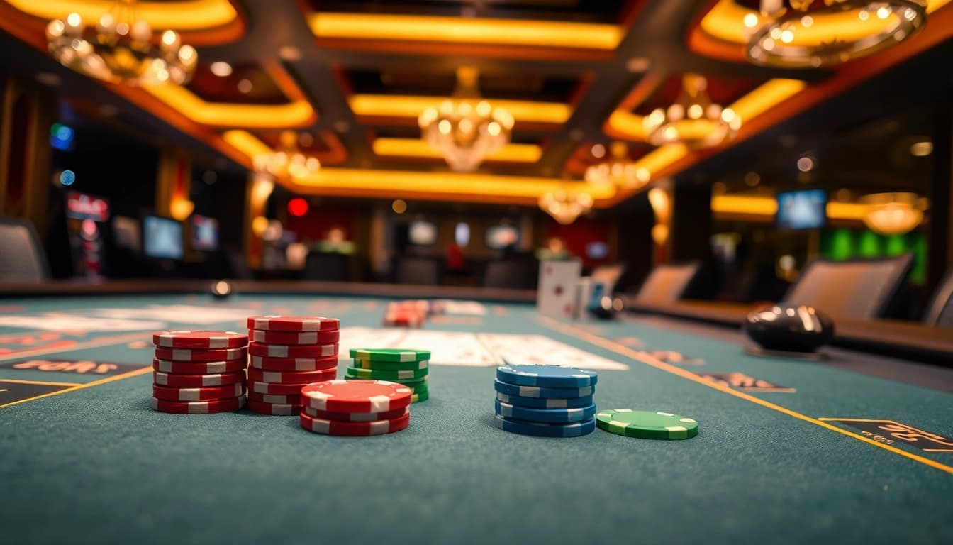 Citinow gaming table featuring vibrant chips and cards in an upscale casino environment.