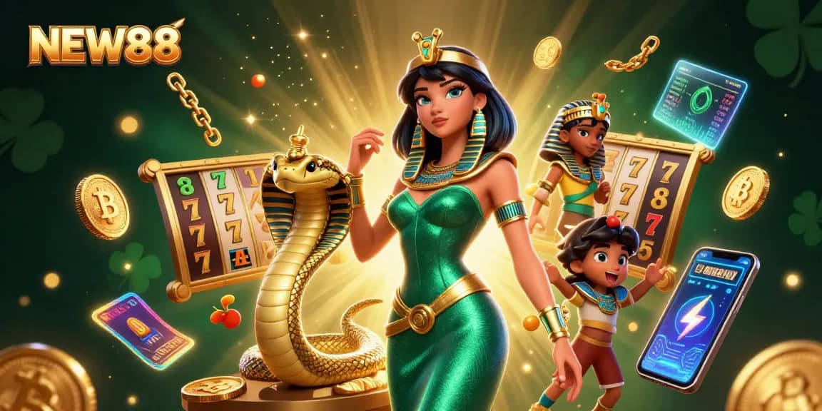 Engage in thrilling games at NEW88 with vibrant slot reels and a majestic gaming ambiance.