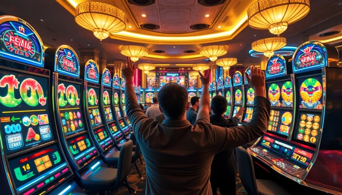 Experience the thrill of slot gacor with players winning at vibrant slot machines in a dazzling casino.