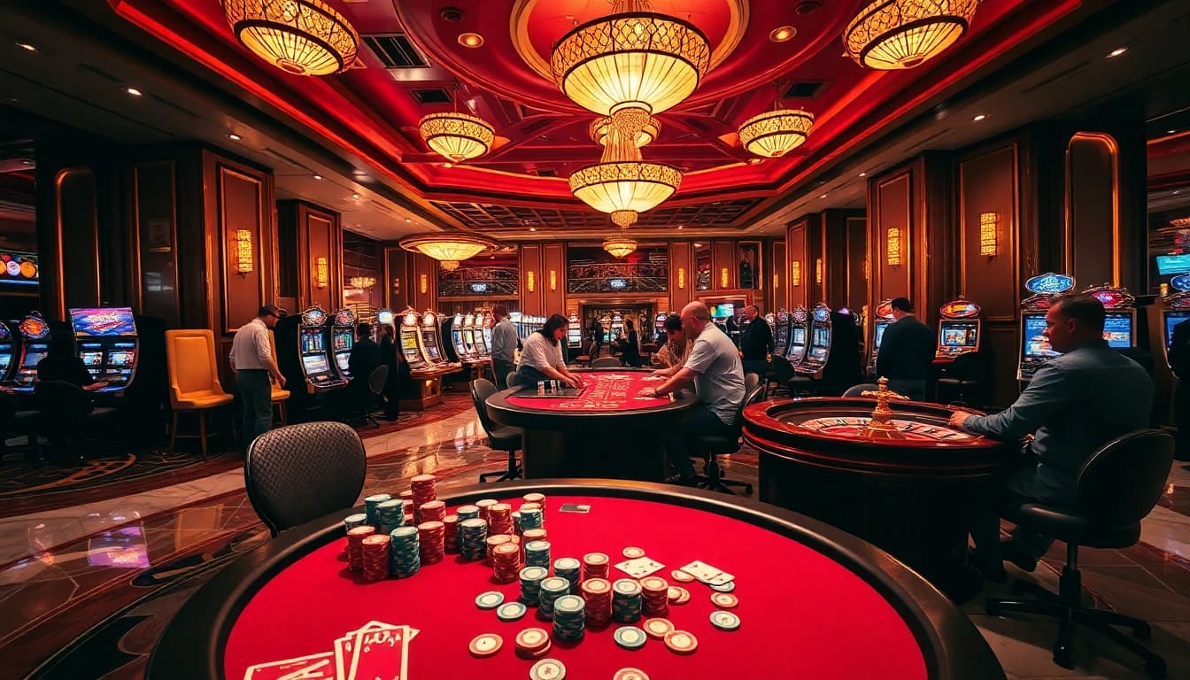 Engaged players at a poker table with vibrant chips, capturing the excitement of ok8386 casino gaming.