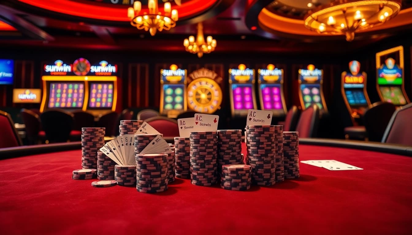 Engage in thrilling gameplay with sunwin at a lavish casino table showcasing poker chips and cards.