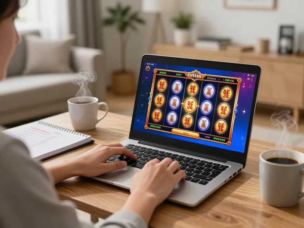 Person playing SC88 online slots at a cozy home desk with gaming strategies visible.