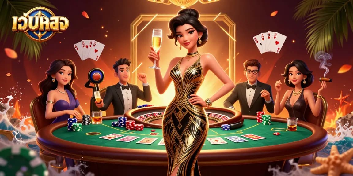Engage in เว็บตรง gaming with an elegant Asian woman in a glamorous casino setting.