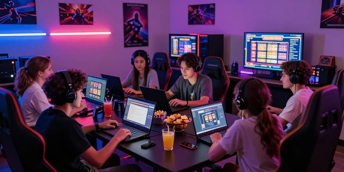 Friends enjoying gaming night at credit card casinos from https://being-there.org.uk with vibrant atmosphere and modern equipment