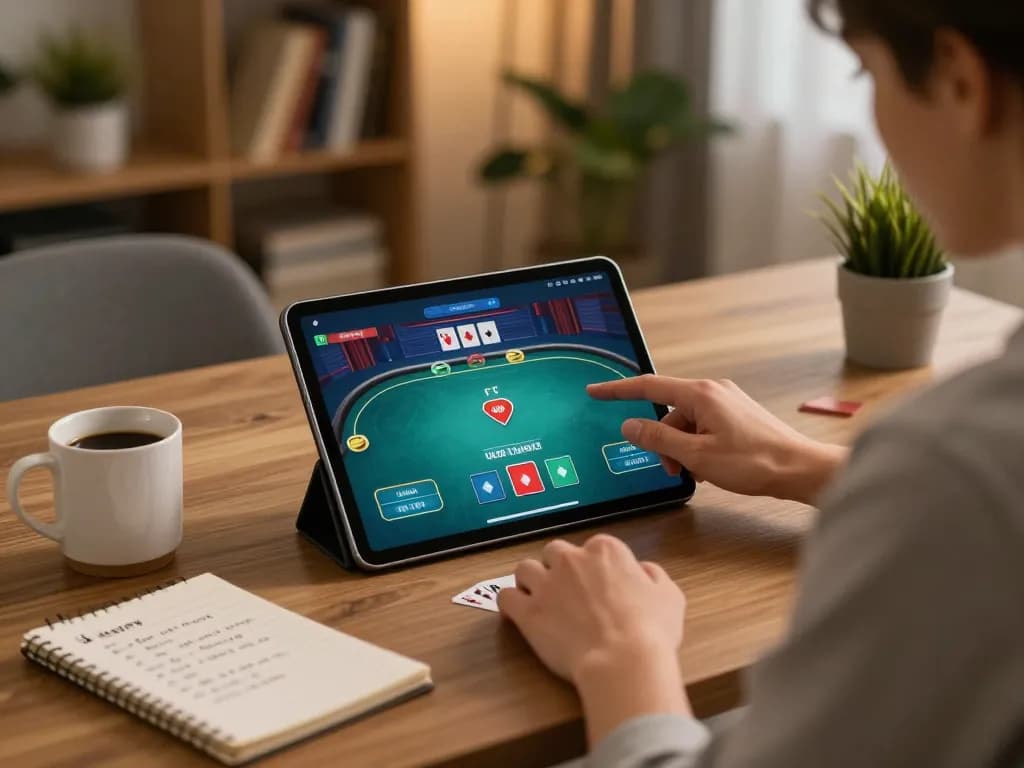 kuwin player enjoying poker game on tablet in a cozy home office environment