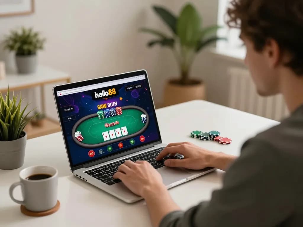 Player using the hello88 platform to strategize in an online poker game at home.
