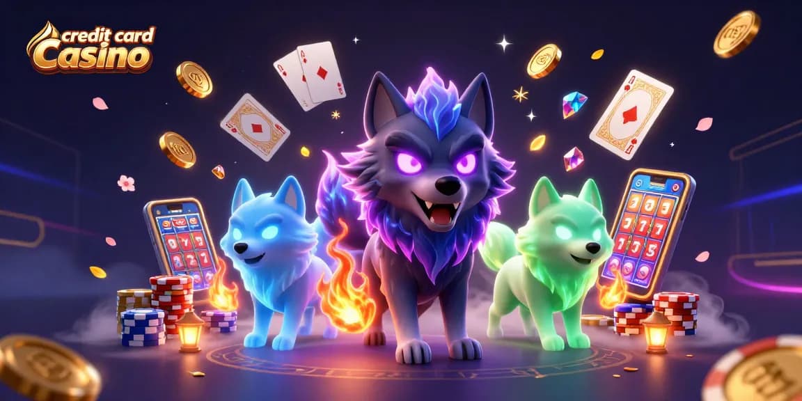 Win big at a credit card casino with ghostly wolves, chips, and coins in a vibrant casino scene.