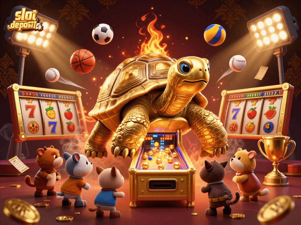 Engage with the slot deposit 5k experience featuring a colossal tortoise pinball machine and vibrant game elements.