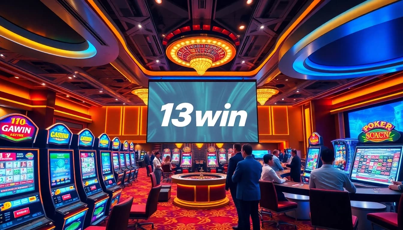 Players experiencing thrilling moments at 13win, with a luxurious casino atmosphere and vibrant gaming options.