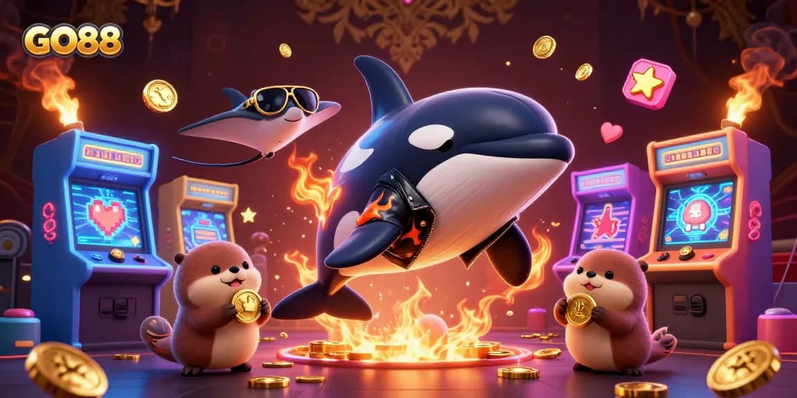 GO88 features vibrant underwater gaming with a whale, stingray, and sea otters celebrating winnings.