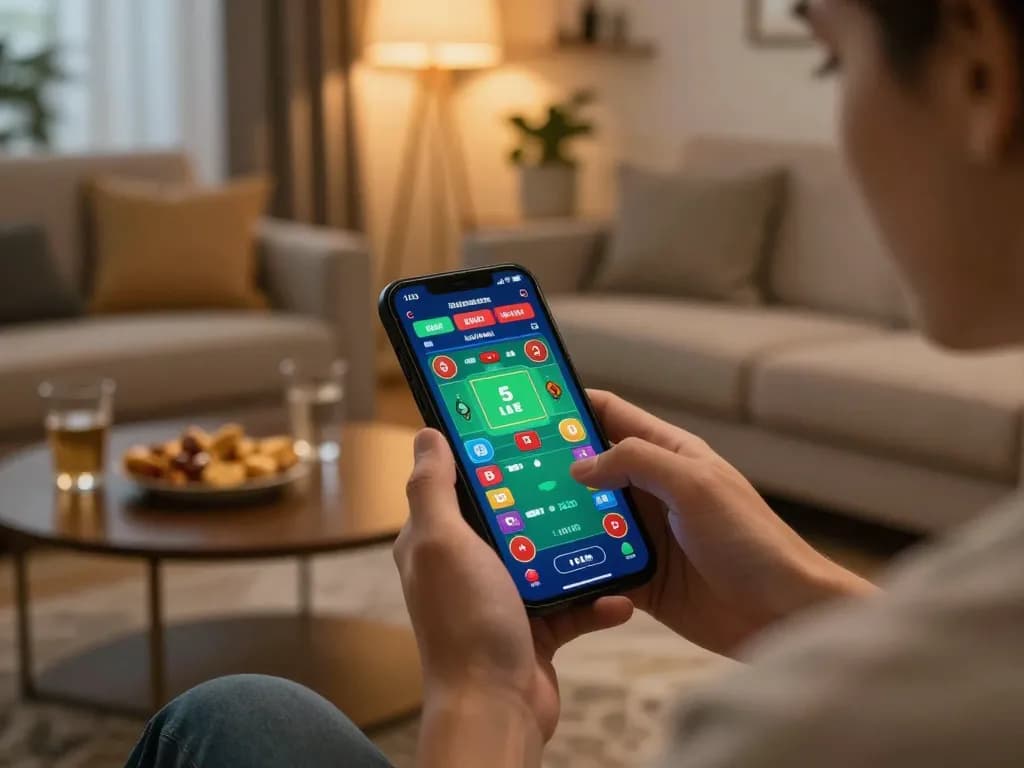 king33 player enjoying live betting on smartphone in cozy home setting