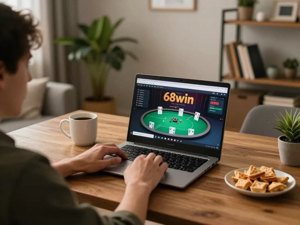 Player strategizing with 68win on a laptop in a cozy home gaming setup.