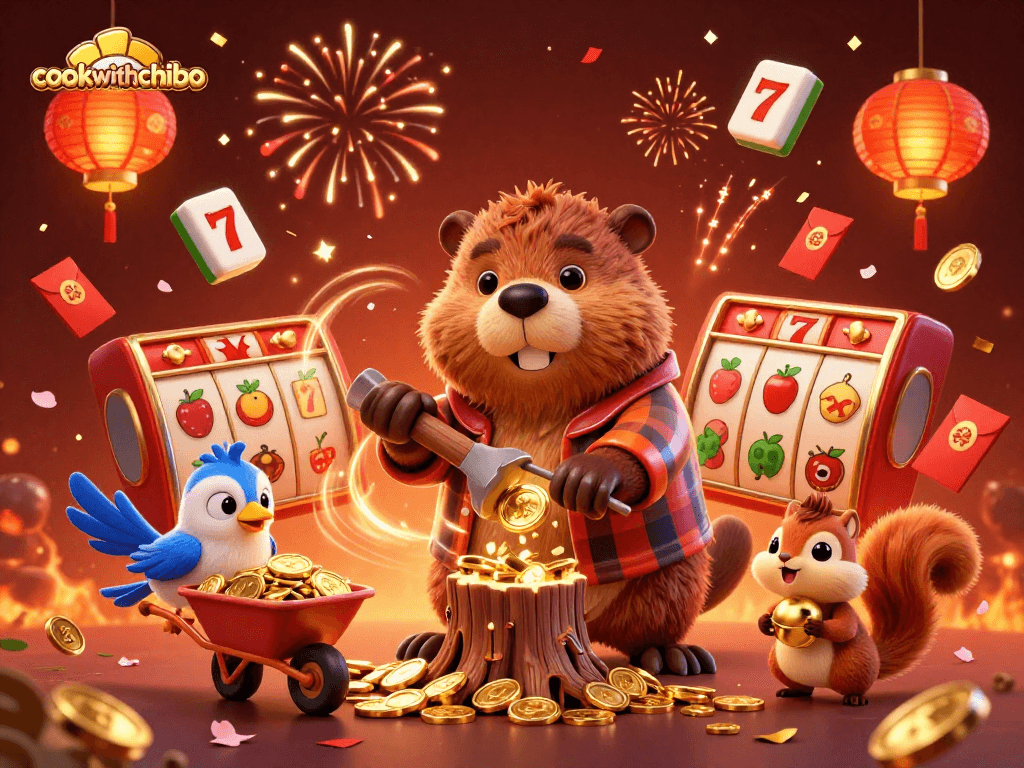Engage with cookwithchibo through exciting 3D animated characters celebrating wins in a vibrant casino scene.