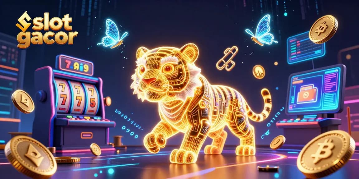 Engage in slot gacor with the neon anime tiger in a vibrant digital casino, showcasing crypto elements.