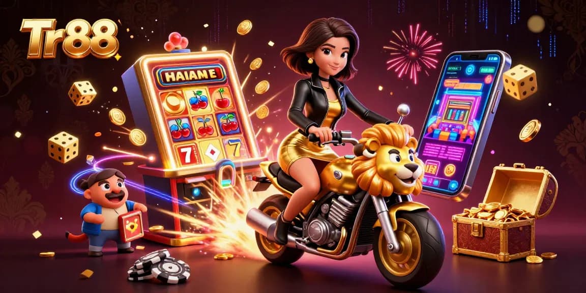Experience the excitement of Tr 88 with a vibrant 3D casino scene featuring a glamorous woman on a lion mascot.