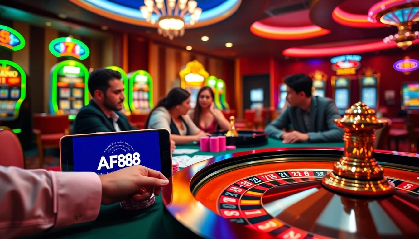 Join the gaming excitement at AF88's online casino table with poker chips and cards.