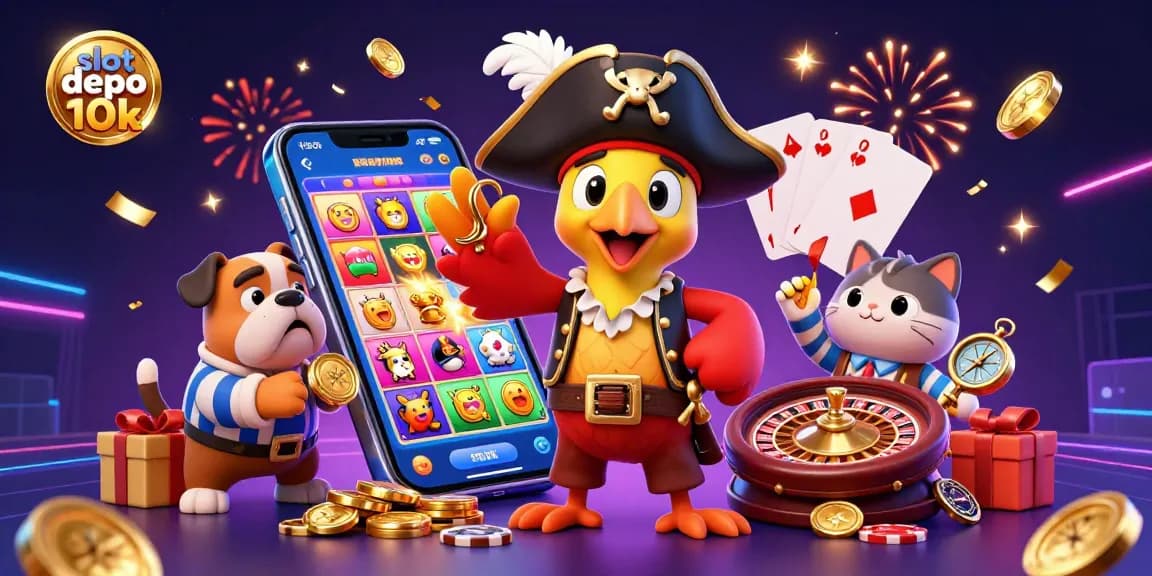 Experience thrilling wins at slot depo 10k with colorful slot games, golden coins, and vibrant characters.