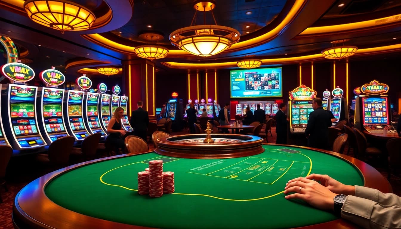 Experience the rush of VMAX gaming at a luxurious casino table filled with vibrant slot machines and eager players.