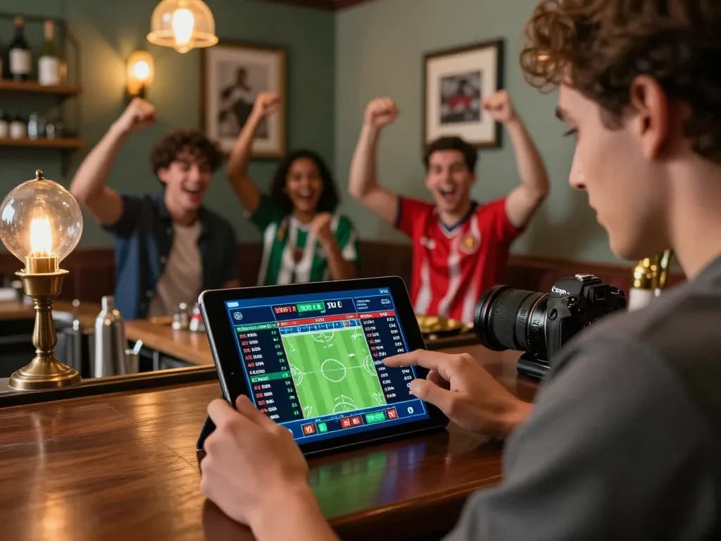 Soi kèo betting analysis in progress with a friend cheering, creating an engaging sports betting atmosphere.