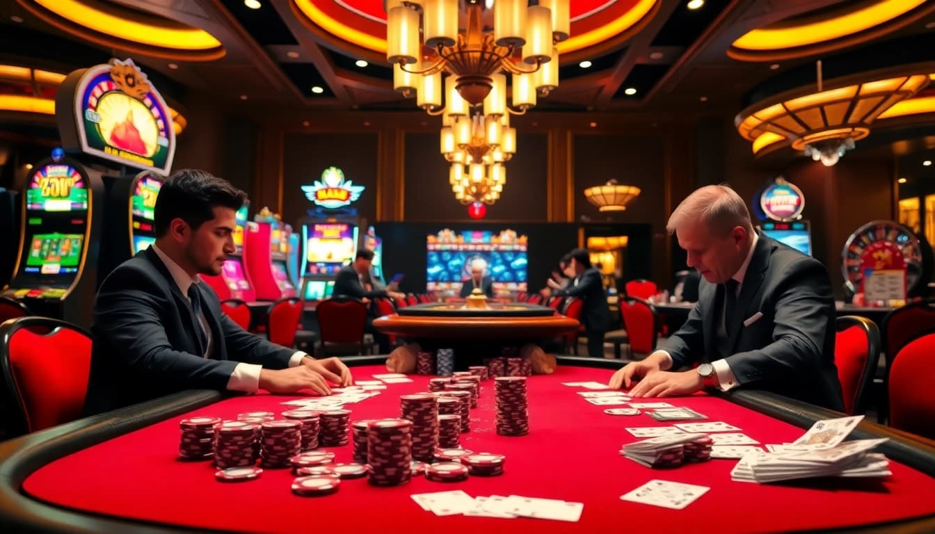 NEW88 poker table scene showcasing intense gameplay and vibrant slot machines.