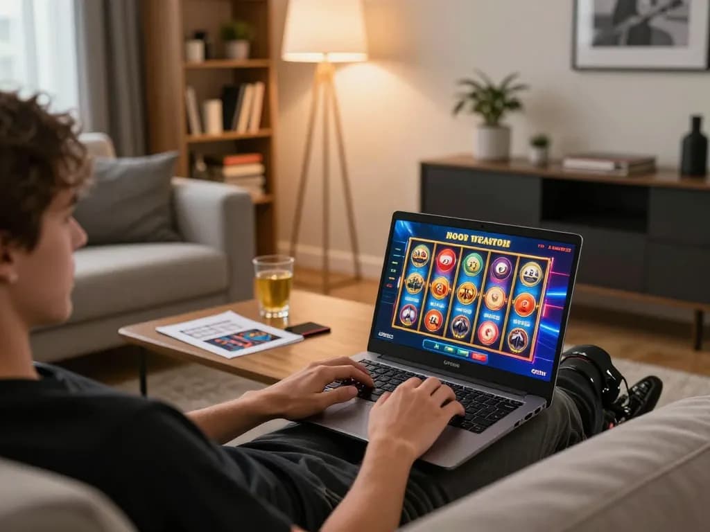 An enthusiastic player enjoying non gamstop casino games on a laptop in a cozy living room setting.