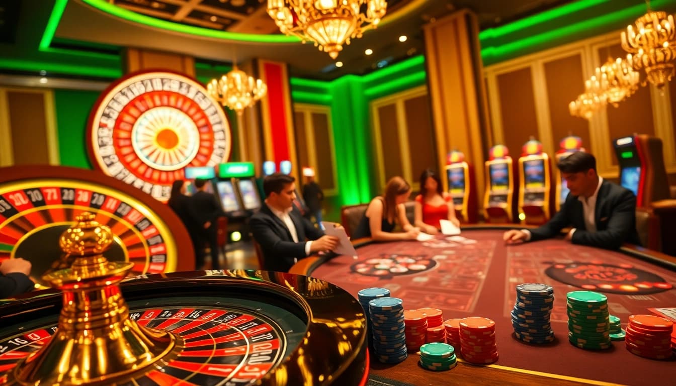 Experience thrilling casino action at Hello88 with vibrant poker tables and roulette wheels.