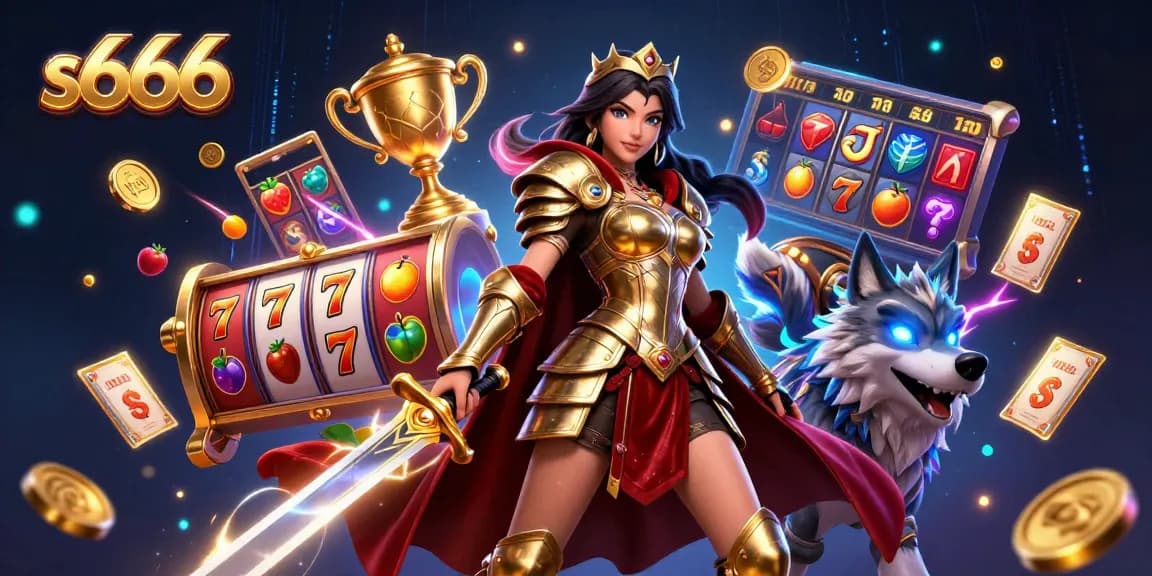 Join the excitement at s666 with a stunning warrior queen and glowing wolf amidst slot games and gold!
