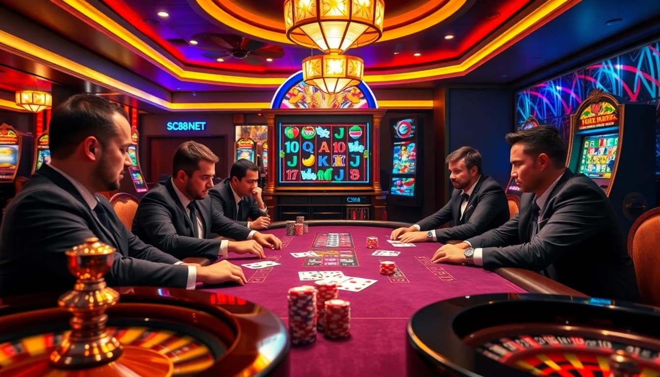 Engage in high-stakes poker action at sc88 net with colorful chips and luxurious casino elements.