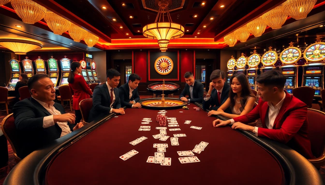 Go8 players enjoying an exciting game at a luxurious casino table surrounded by vibrant slot machines.