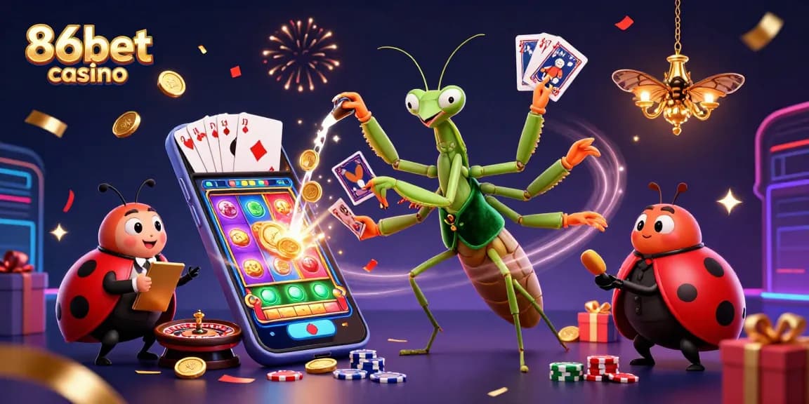 86bet casino lively scene with cartoon characters, celebrating wins with champagne and slot games